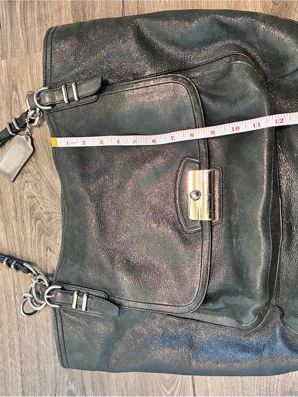 Coach Black Shimmer Leather Tote with Front Turn-Lock